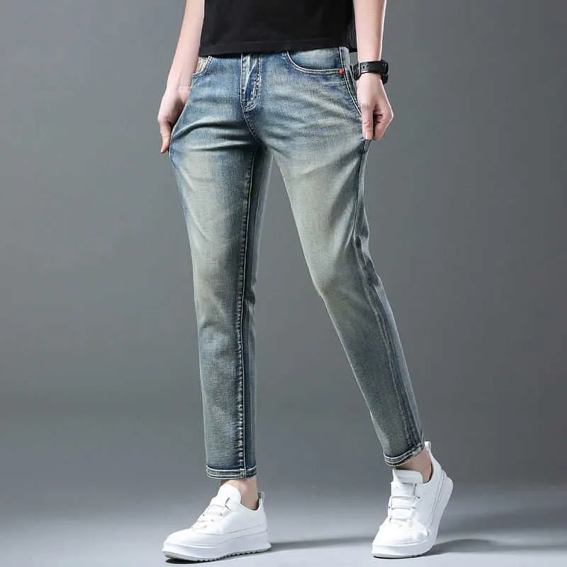 Summer Mens Jeans Designer Pants High-end Trendy 9-point Jeans Men Slim-fit All-match Trousers Small Feet Elastic 9-points Pants Jeans Ripped Skinny 