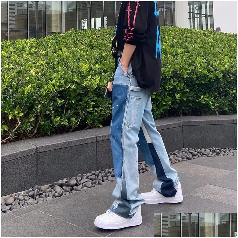 High Street Color Spliced Washed Jeans Mens Oversize Wide Leg Straight Denim Flare Pants Retro Loose Casual Trousers