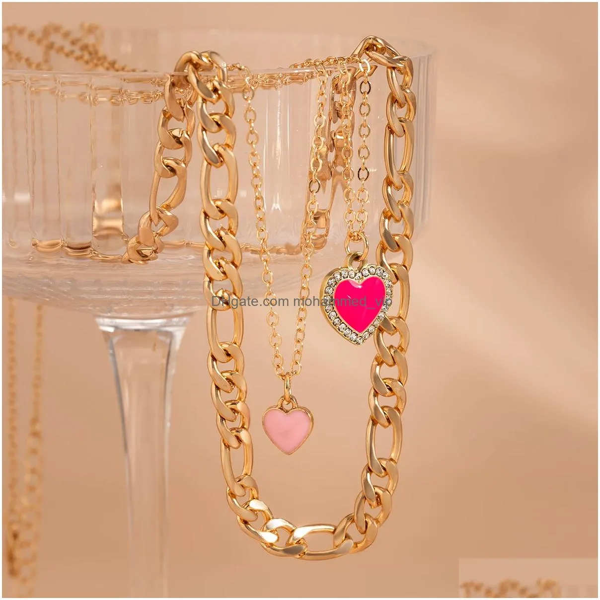 sweet cool pink color love shaped pendant necklace set thickness neck chain stacked for women dating gift creative jewelry