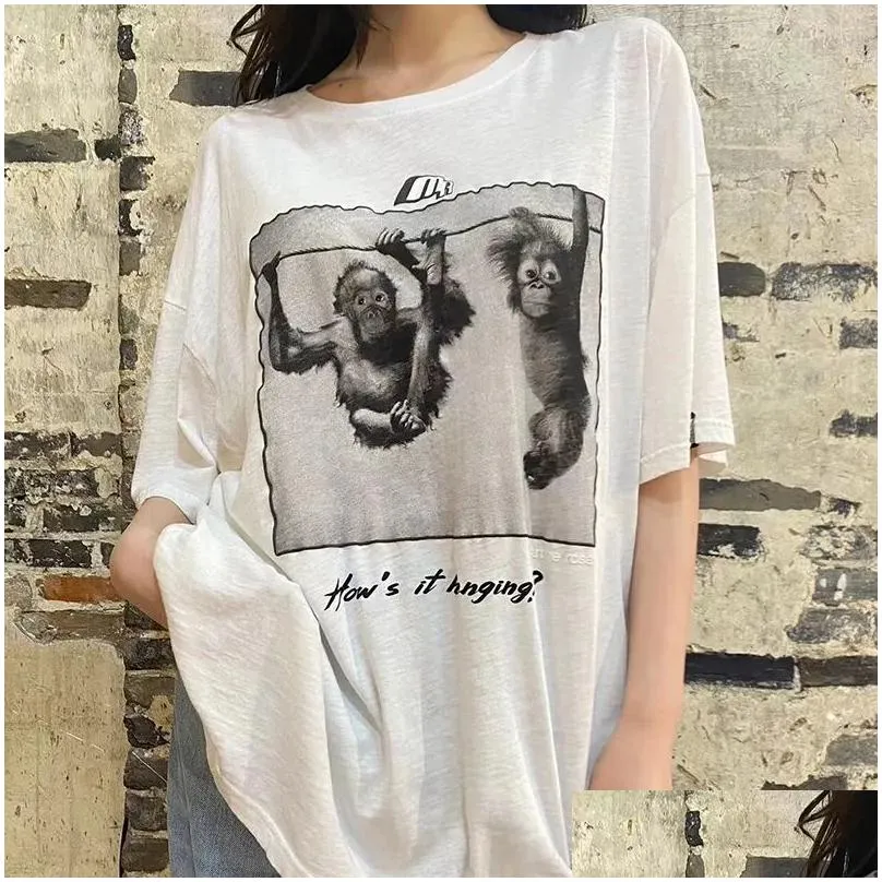 New Rose Monkey Cartoon Print T-shirt Gorilla Pattern Summer Thin Couple Sports Short sleeved tees Casual Men`s and Women`s Round Neck Loose Top