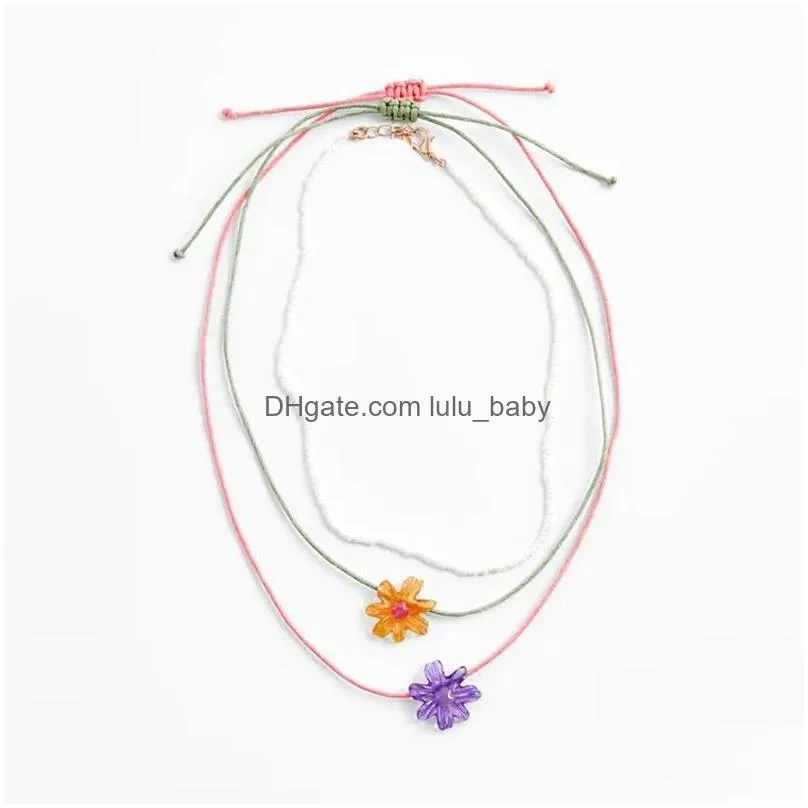 necklace 3 pcs/set simple white beads chain necklaces for women fashion red green rope acrylic flower pendant necklace gifts