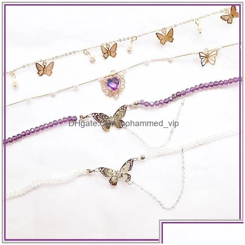 2020 kpop aesthetic purple crystal butterfly heart pendant choker short chain necklaces for women egirl party dating jewelry