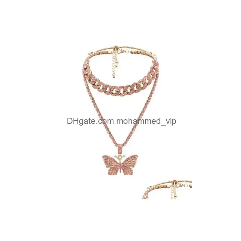 2020 women hip hop diamond cuban buckle necklace simple diamond butterfly necklace fashion jewelry 4 colors