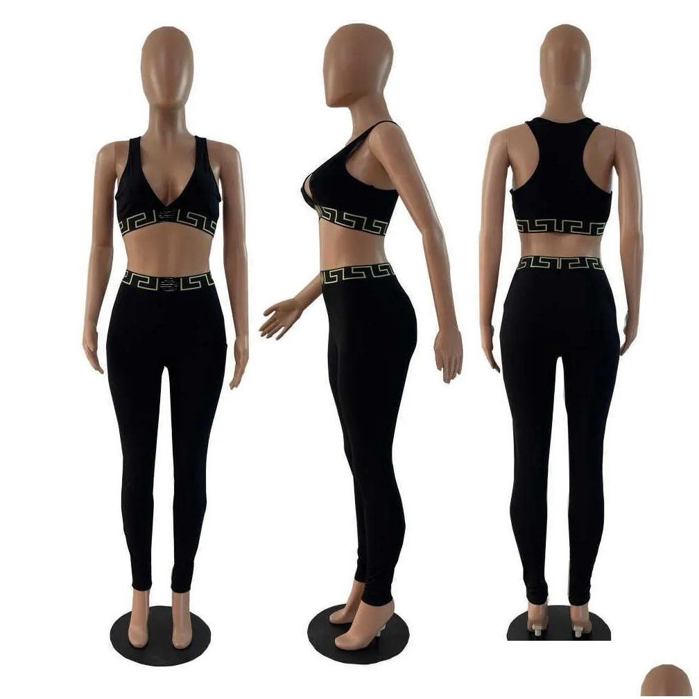 Summer New Women Tracksuits Fashion Two Piece Set Sports Casual Letter Print Vest And Tights Leggings Pants 2PCS Yoga Sets For Ladies