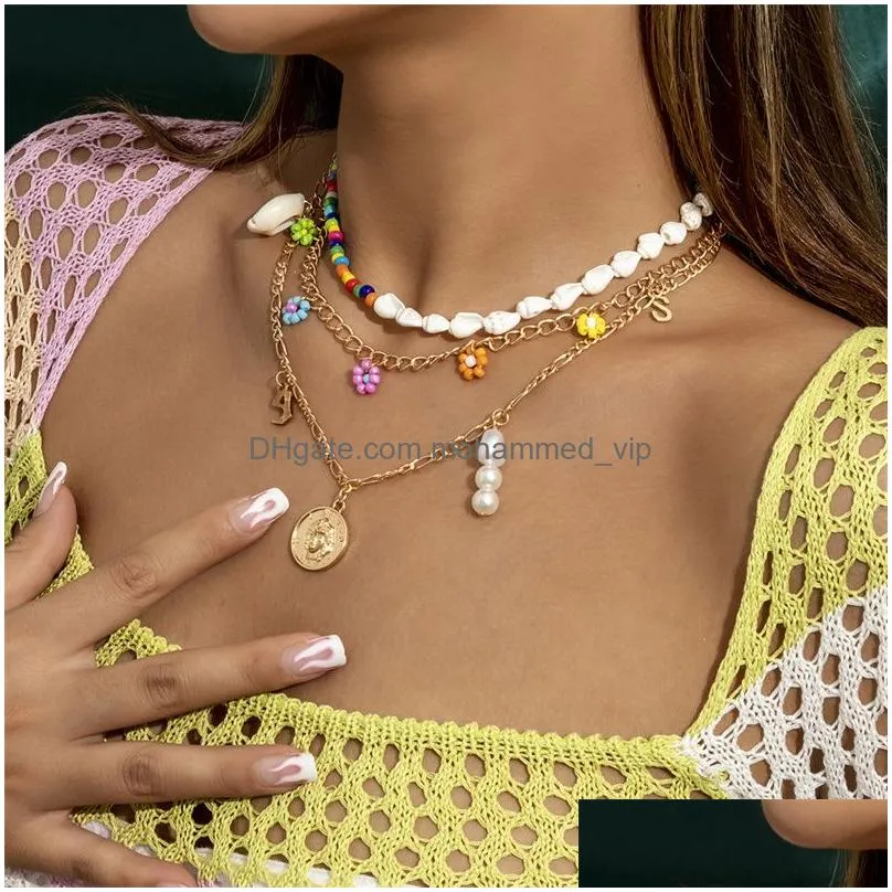 2022 high quality ocean wind shell rice bead flower necklace with metal tag and pearl necklace