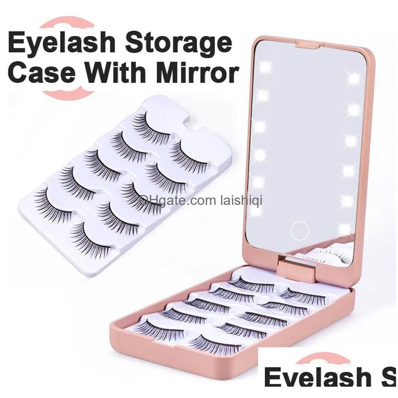 portable lady led light makeup mirror with eyelashes case organizer folding touch screen mirrors 5 pairs lashes tray storage box 12 leds lamp travel make up