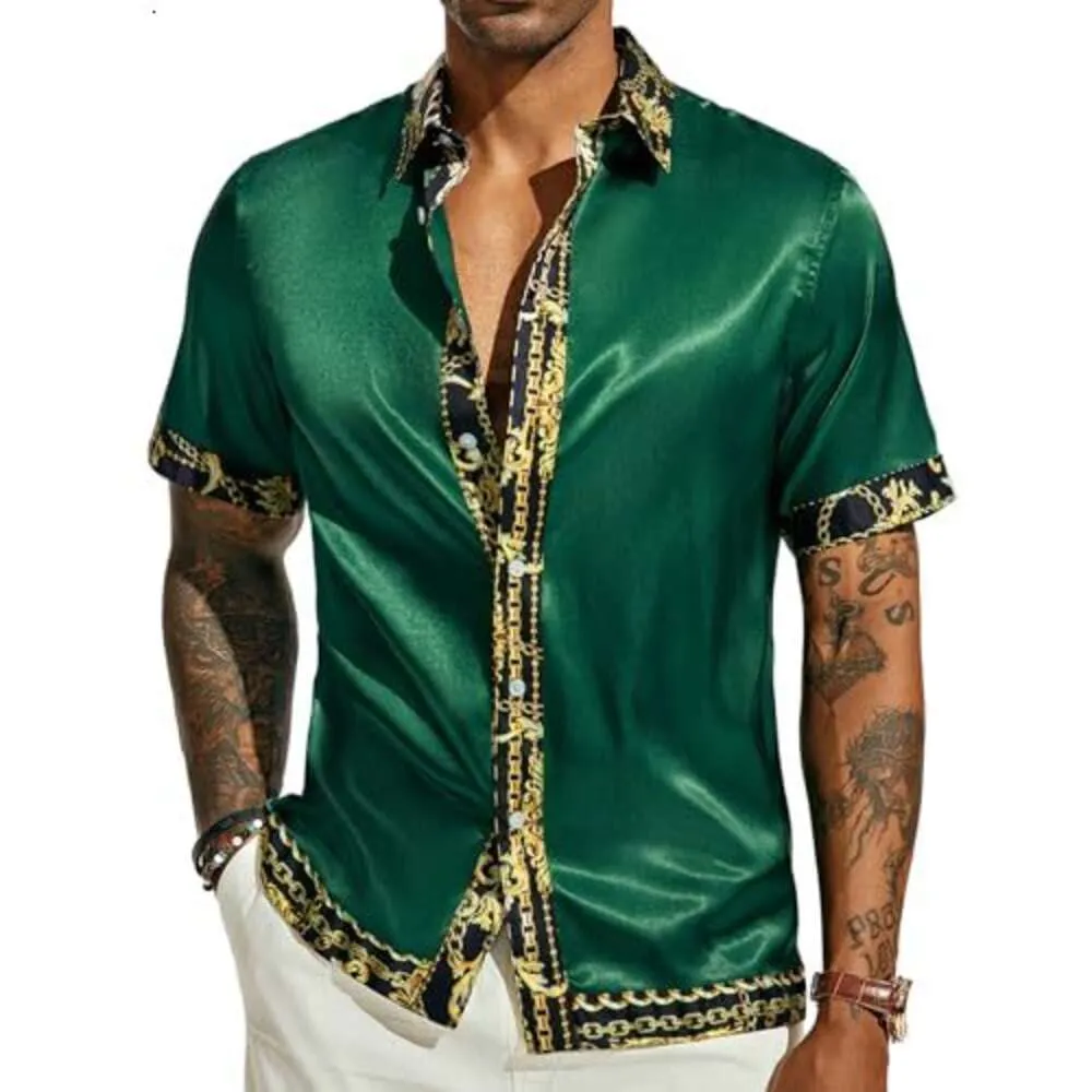 PJ PAUL JONES Mens Button Down Shirt Casual Stretch Satin Silk Shirts Hawaiian Beach Shirts