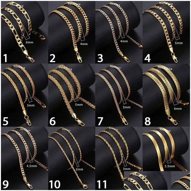 Gold Chain For Men Women Wheat Figaro Rope Cuban Link Chain Gold Filled Stainless Steel Necklaces Male Jewelry Gift Wholesale