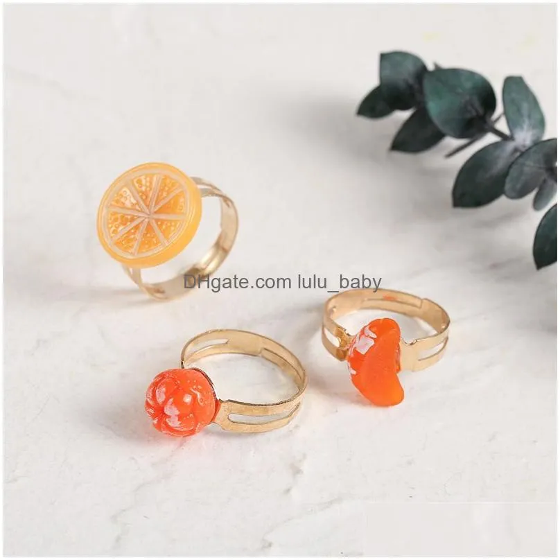3 pcs/set cute fruit orange lemon plastic resin rings for women girls gifts gold color metal adjustable opening ring jewelry