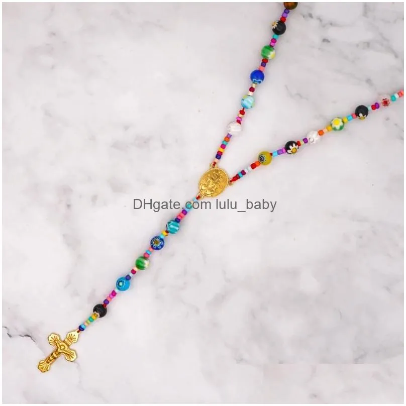 shinus 2020 fashion bohemian women jewelry seed beaded necklace rainbow macrame christian cross pendant popcorn beads necklaces