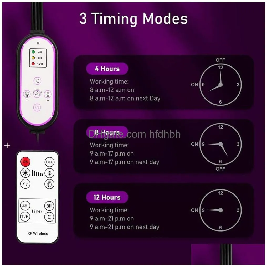 led grow lights 4 heads indoor plants full spectrum light tripod adjustable stand floor 4/8/12h timer with remote control