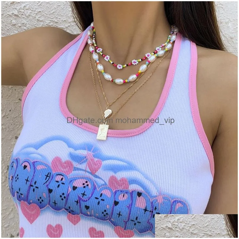 colorful flower rice bead necklace womens simple pearl metal tag peach heart necklace xl37