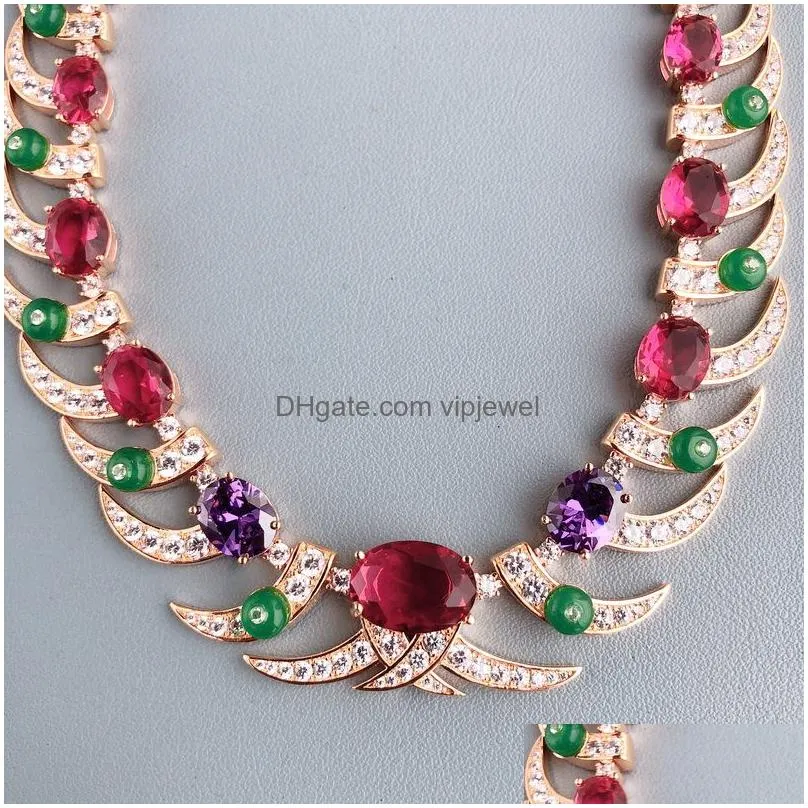 designer collection style luxurious necklace ring women lady inlay red purple cubic zircon diamond imitation ruby plated gold green beads chain jewelry