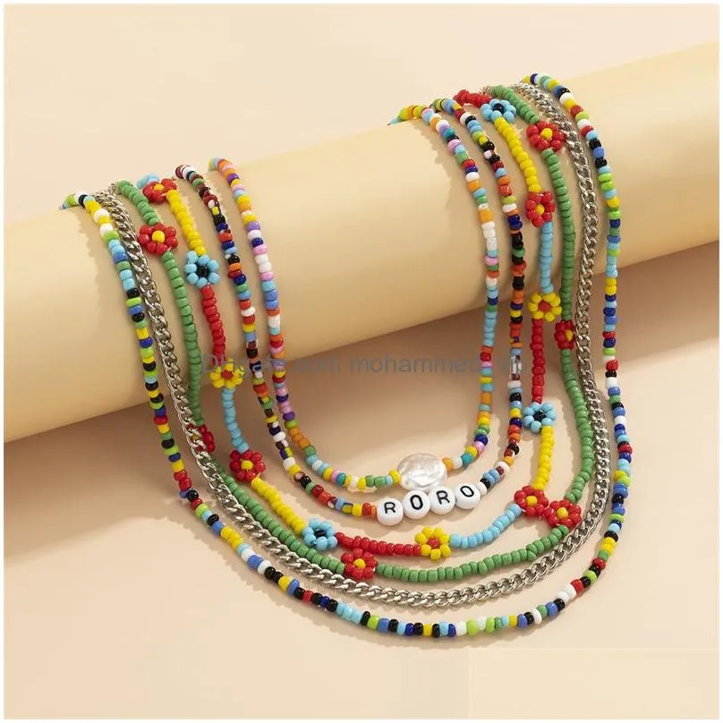 2022 high quality colorful bohemian colored daisy flower rice bead necklace 6-piece set