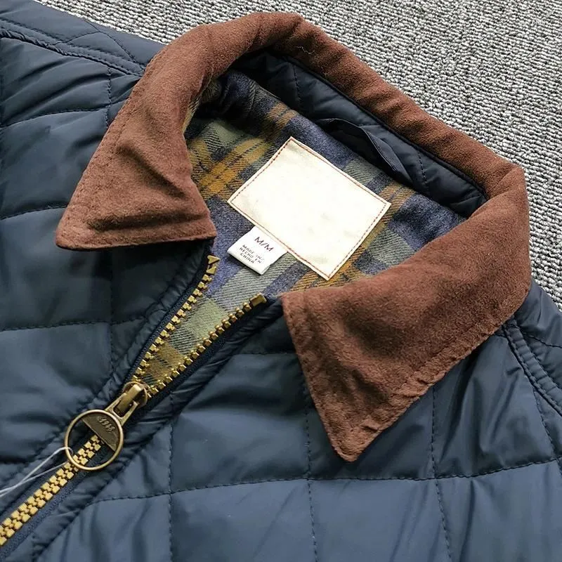 Men`s Jackets Winter Men Quilted Diamond Plaid Cotton Jacket Vintage Waterproof With Pocket Cargo Coat Lightweight Clamp