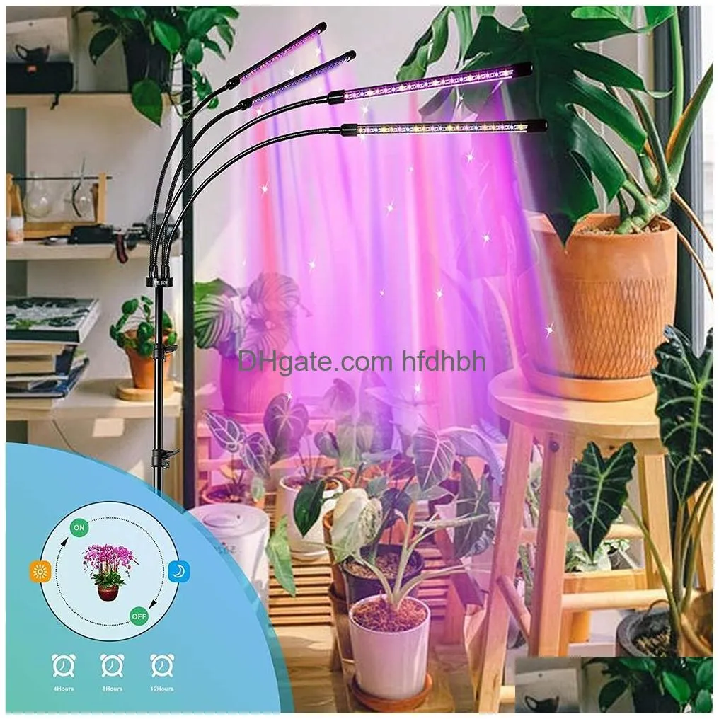 led grow lights 4 heads indoor plants full spectrum light tripod adjustable stand floor 4/8/12h timer with remote control