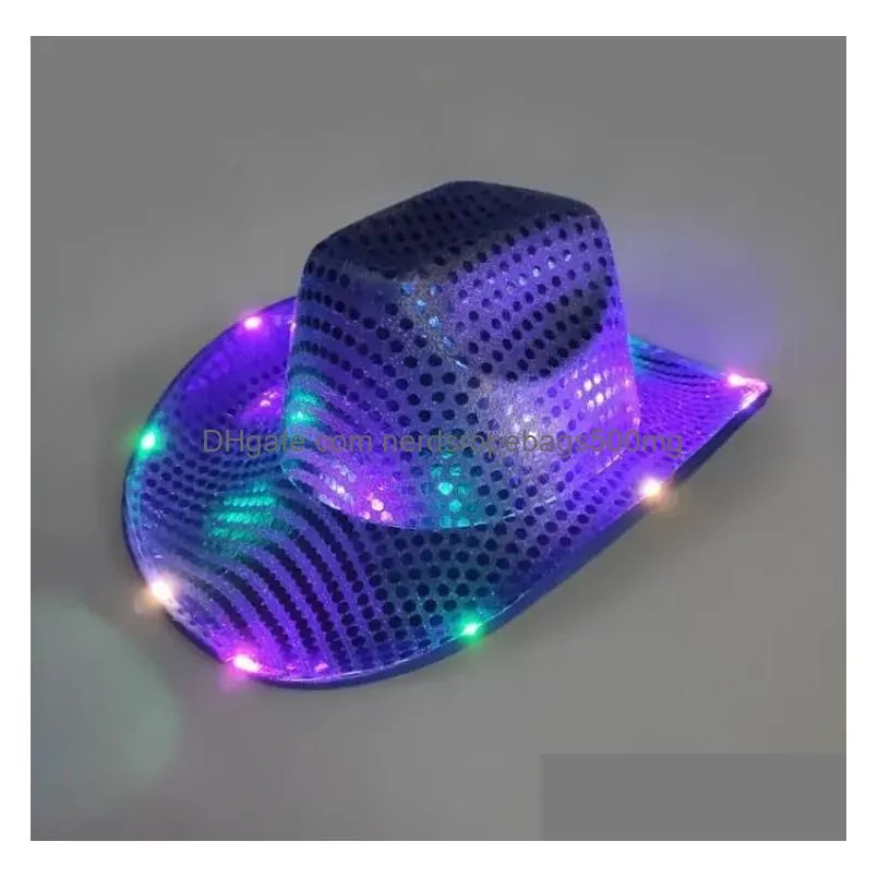 Party Hats Wholesale Cowgirl Led Hat Flashing Light Up Sequin  Luminous Caps Halloween Costume New 0829 Drop Delivery Home Garde Dhrot