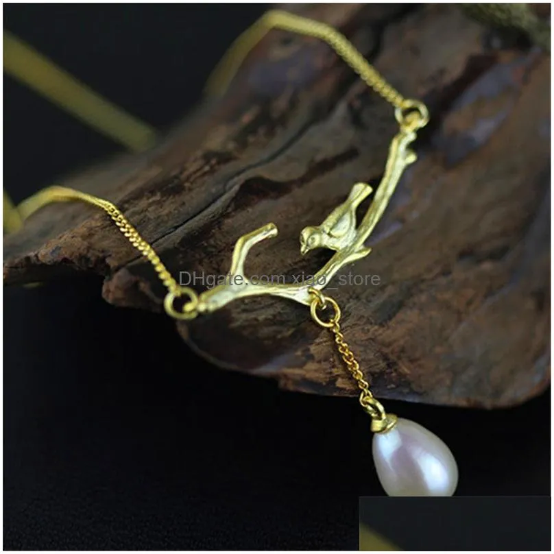 lotus fun real 925 sterling silver natural pearl handmade fine jewelry novelty bird necklace with pendant for women collier q0531