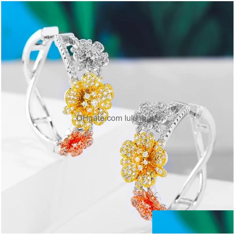mirco paved cubic zirconia charm shiny blooming flowers hoop earrings for women bridal wedding gift important occasion jewelry