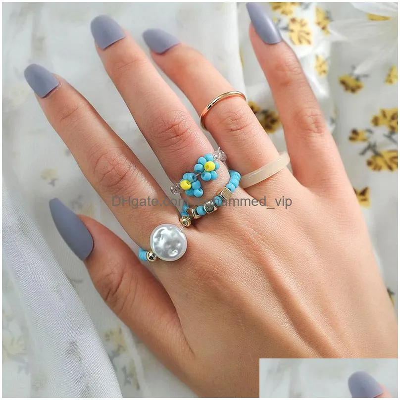 5 pcs/set trendy bohemian gold color metal white acrylic blue glass beads handmade beaded weave flower rings set for women gifts