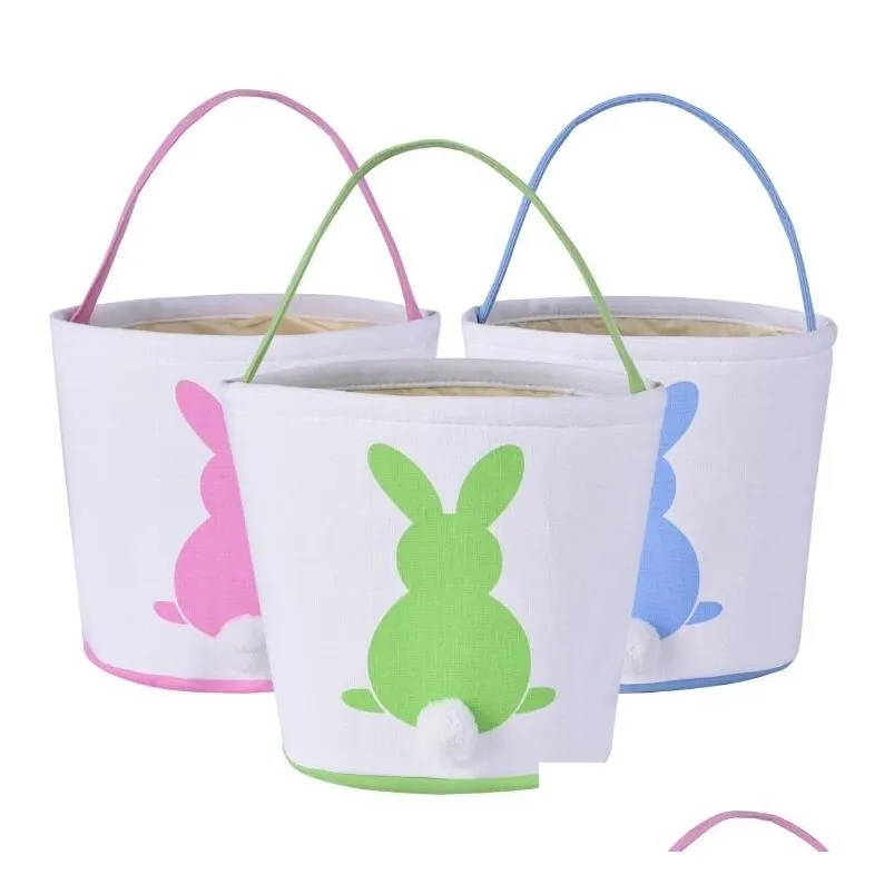 4 Colors 2019 New Easter Rabbit Basket Easter Bunny Bags Rabbit Printed Canvas Tote Bag Egg Candies Baskets