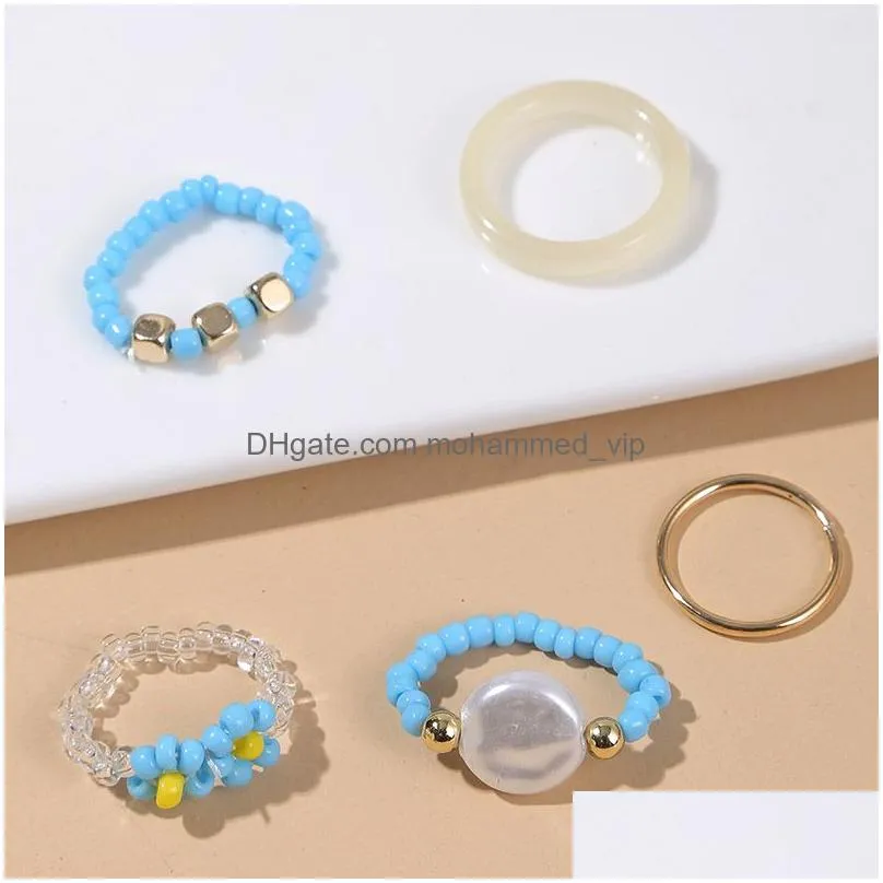 5 pcs/set trendy bohemian gold color metal white acrylic blue glass beads handmade beaded weave flower rings set for women gifts
