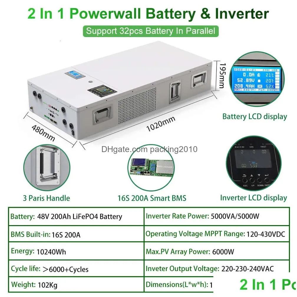 Batteries 48V 100Ah Powerwall 2 In 1 Built-In Inverter Lifepo4 Battery Pack 5Kwh 6000 Cycles Plug And Play With Pv For Home Solar Syst Dhirb