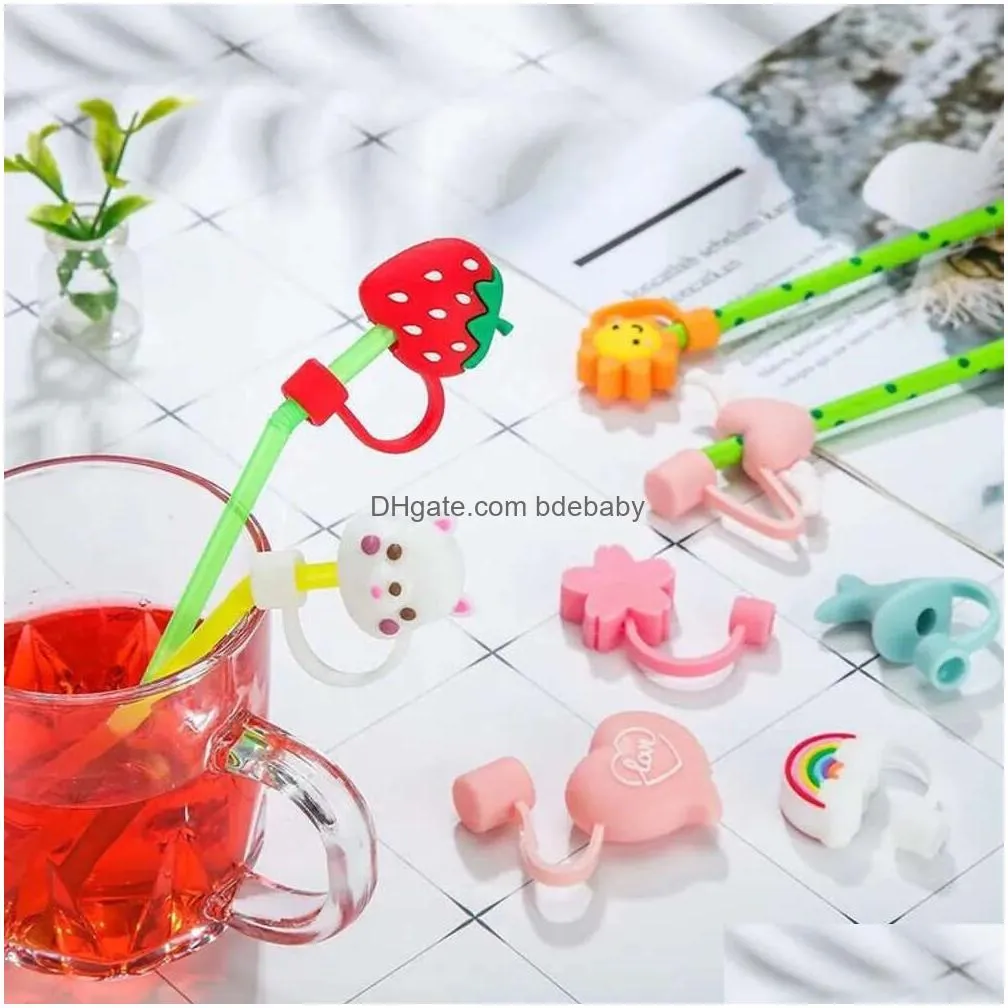 Drinking Straws Er Tips Reusable Creative St Sile Dust Cap Splash Proof Plugs Lids Anti-Dust Tip Suower Cherry Blossom Rainbow Cat Paw Dhnqy