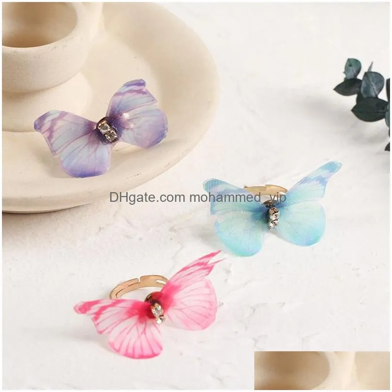 3 pcs/set cute yarn fabric multicolor insect butterfly rings for women gold color metal adjustable opening ring girls jewelry