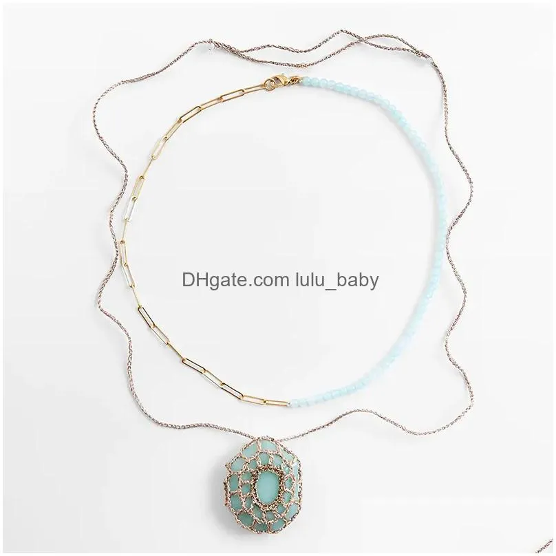 necklace 2 pcs/set fashion blue stone beaded gold metal chain necklaces for women handmade weave resin big pendants necklace