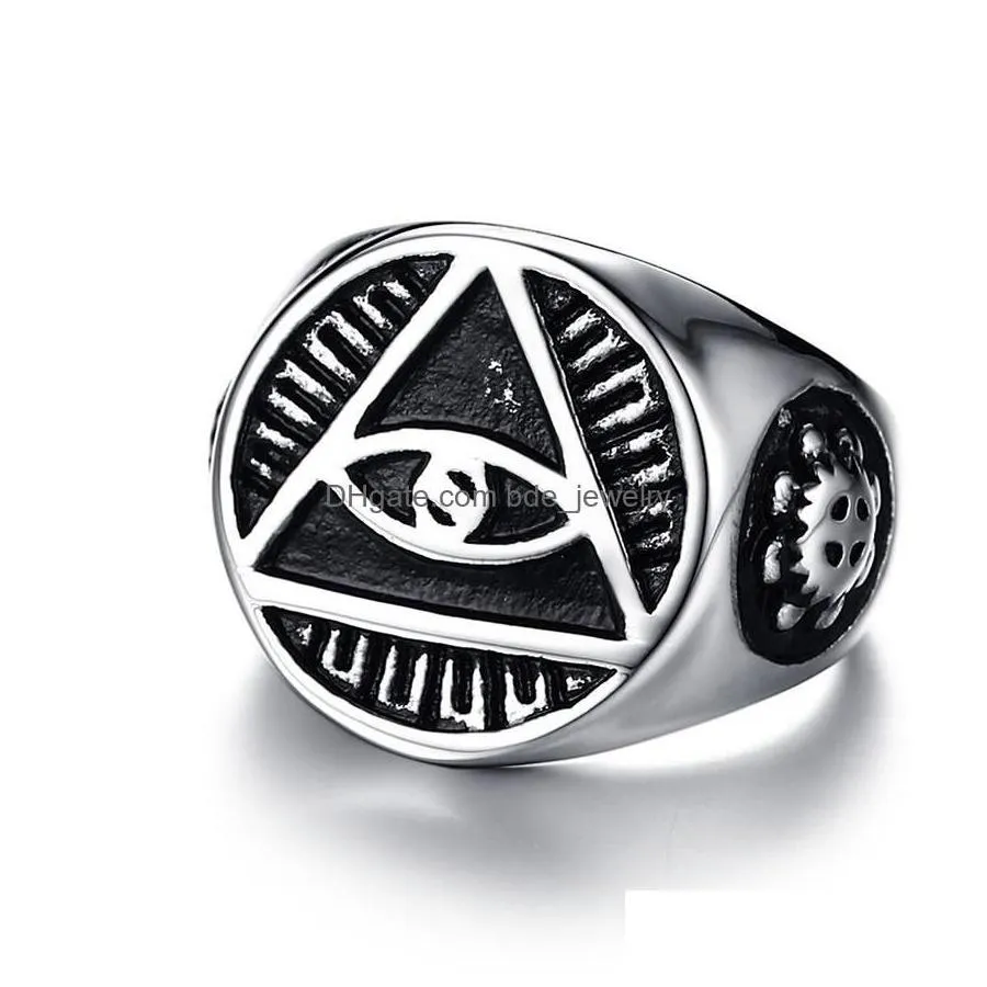 Band Rings 316L Stainless Steel Mens Illuminati The All-Seeing-Eye Pyramid Eye Of Providence Symbol Religious Ring For Hip Hop Jewel