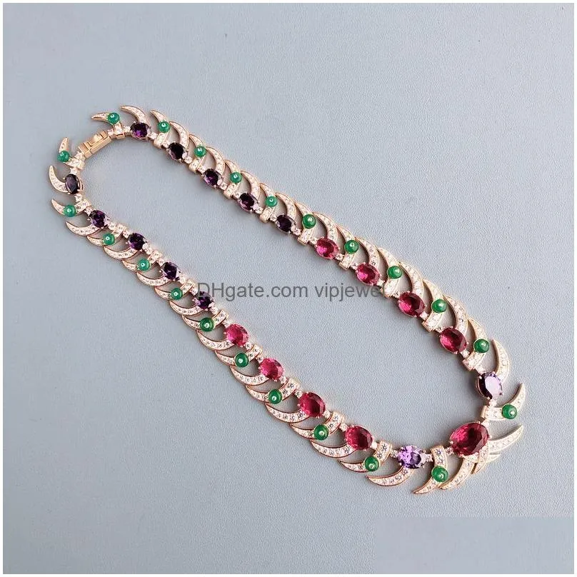 designer collection style luxurious necklace ring women lady inlay red purple cubic zircon diamond imitation ruby plated gold green beads chain jewelry
