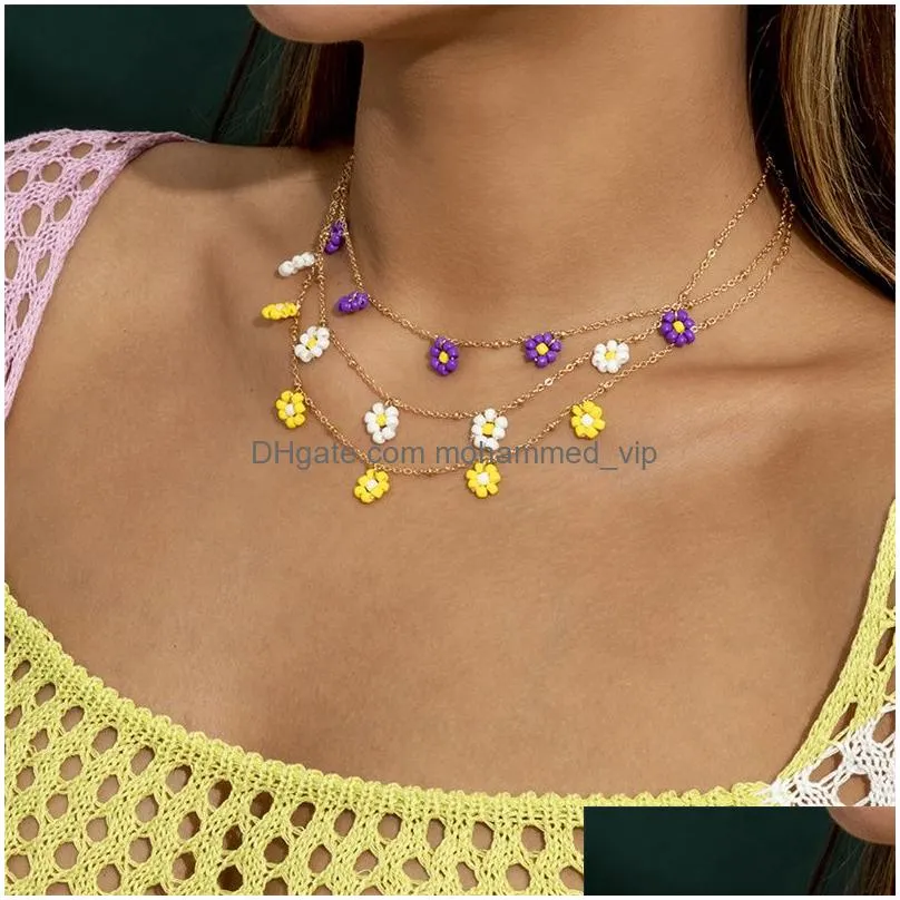 2022 sweet wind daisy flower rice bead necklace simple metal chain clavicle necklace set for women