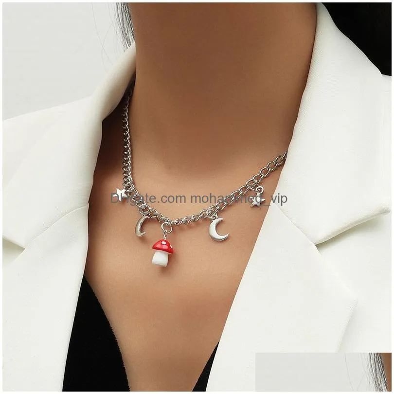 fashion silver color metal chain star moon pendants necklaces for women cute red white resin mushroom necklace party jewelry