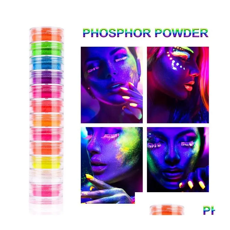 Neon Party Eye Shadow Powder 12 colors in 1 Set Luminous Eyeshadow Nail Glitter Pigment Fluorescent Powder Manicure Nails Art
