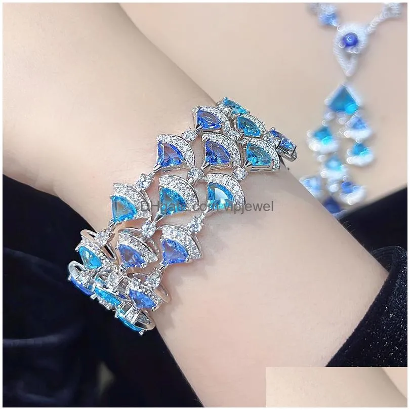 designer collection fashion necklace stud earrings bracelet women lady settings shining colored cubic zircon diamond fan-shaped tassels pendant jewelry