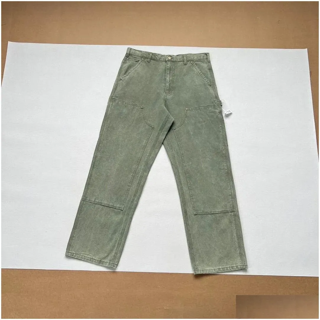 Designer pants washed and worn multi pocket workwear pants with double knee canvas straight leg pants and logging pants