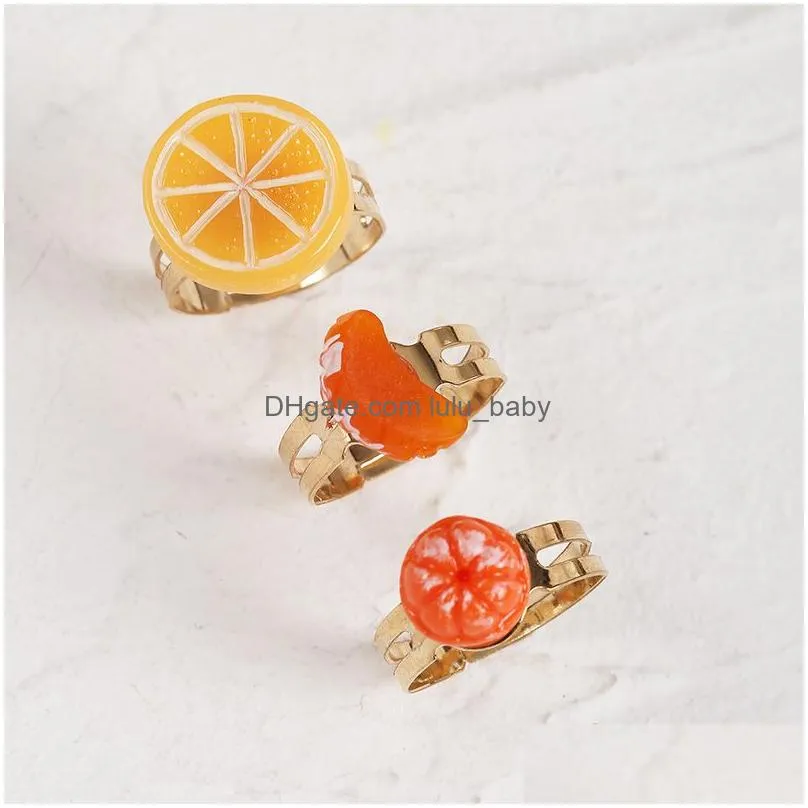 3 pcs/set cute fruit orange lemon plastic resin rings for women girls gifts gold color metal adjustable opening ring jewelry