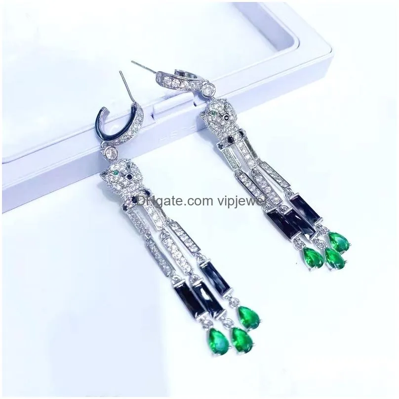 designer collection fashion style earrings necklace women lady inlay full diamond leopard head green cubic zircon pear-shaped tassels pendant jewelry