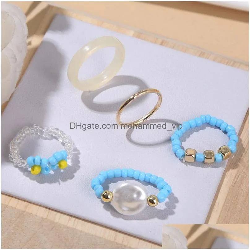 5 pcs/set trendy bohemian gold color metal white acrylic blue glass beads handmade beaded weave flower rings set for women gifts