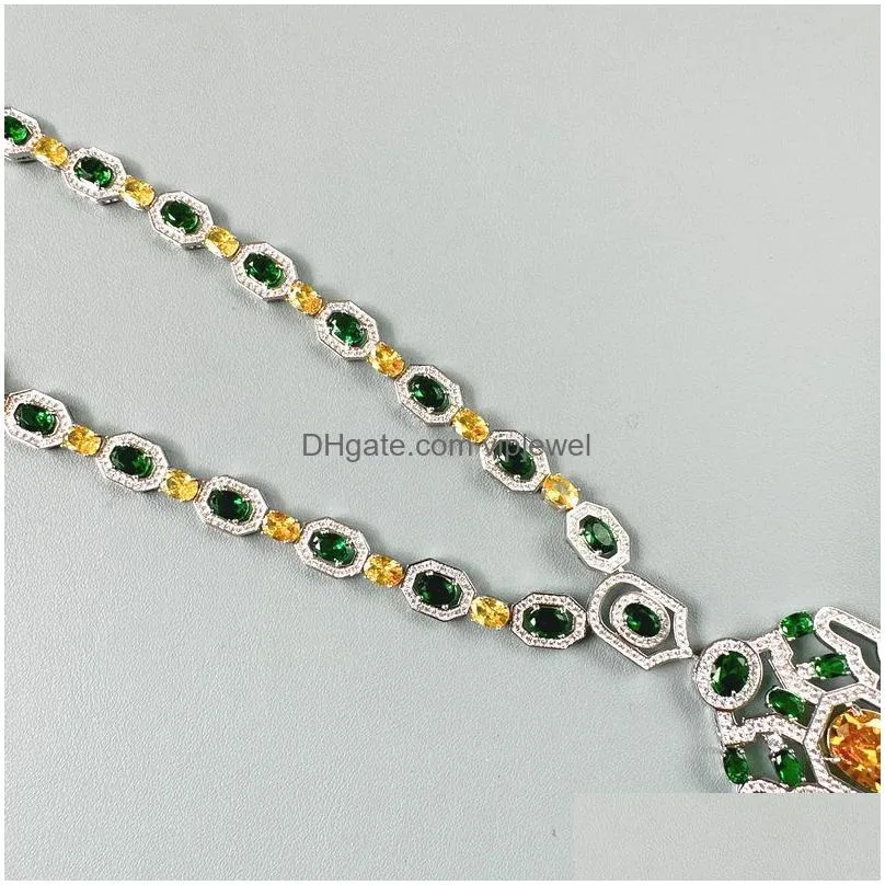 designer collection retro style necklace earrings women lady inlay green cubic zircon yellow oval diamond plated gold color rhombus pendant chain jewelry