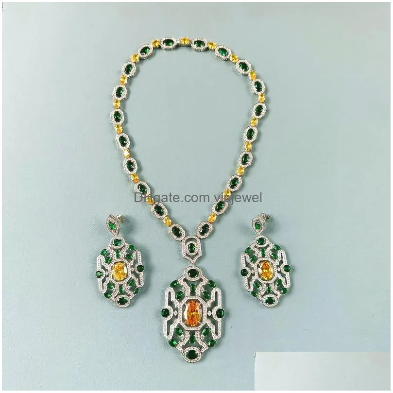 designer collection retro style necklace earrings women lady inlay green cubic zircon yellow oval diamond plated gold color rhombus pendant chain jewelry