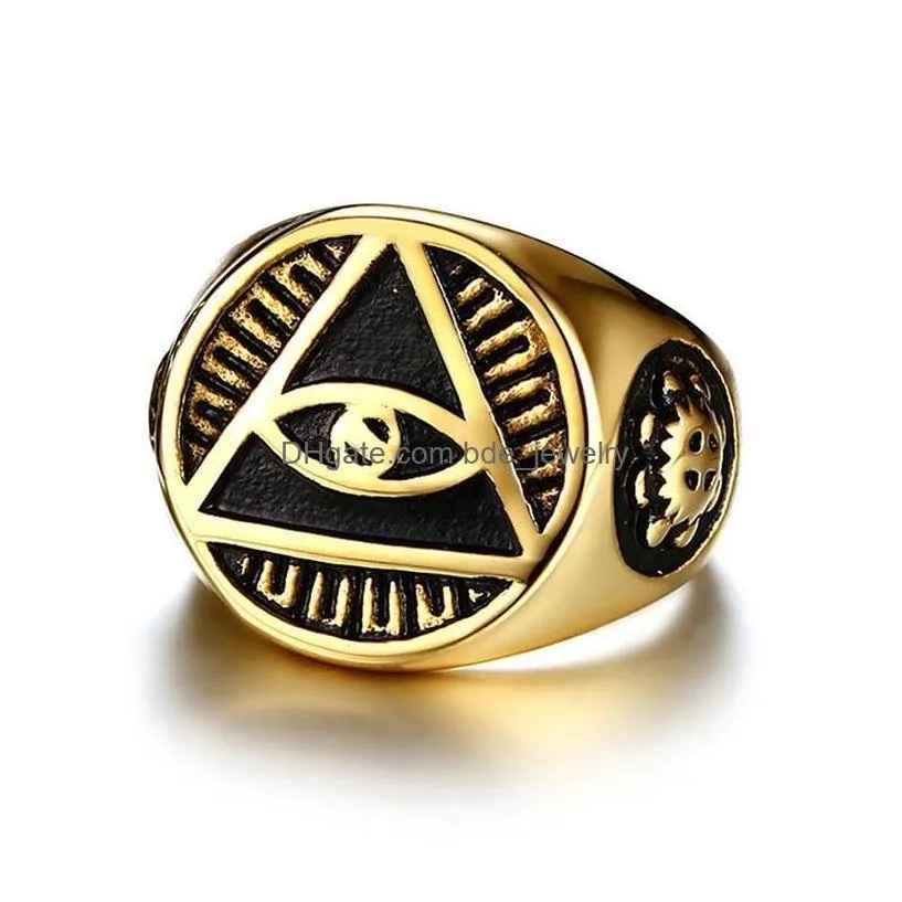 Band Rings 316L Stainless Steel Mens Illuminati The All-Seeing-Eye Pyramid Eye Of Providence Symbol Religious Ring For Hip Hop Jewel