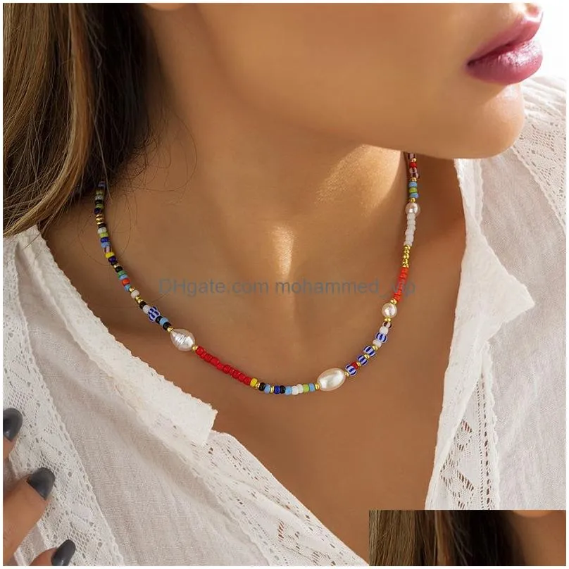 creative contrast color rice bead beaded necklace for women simple geometric single layer necklace