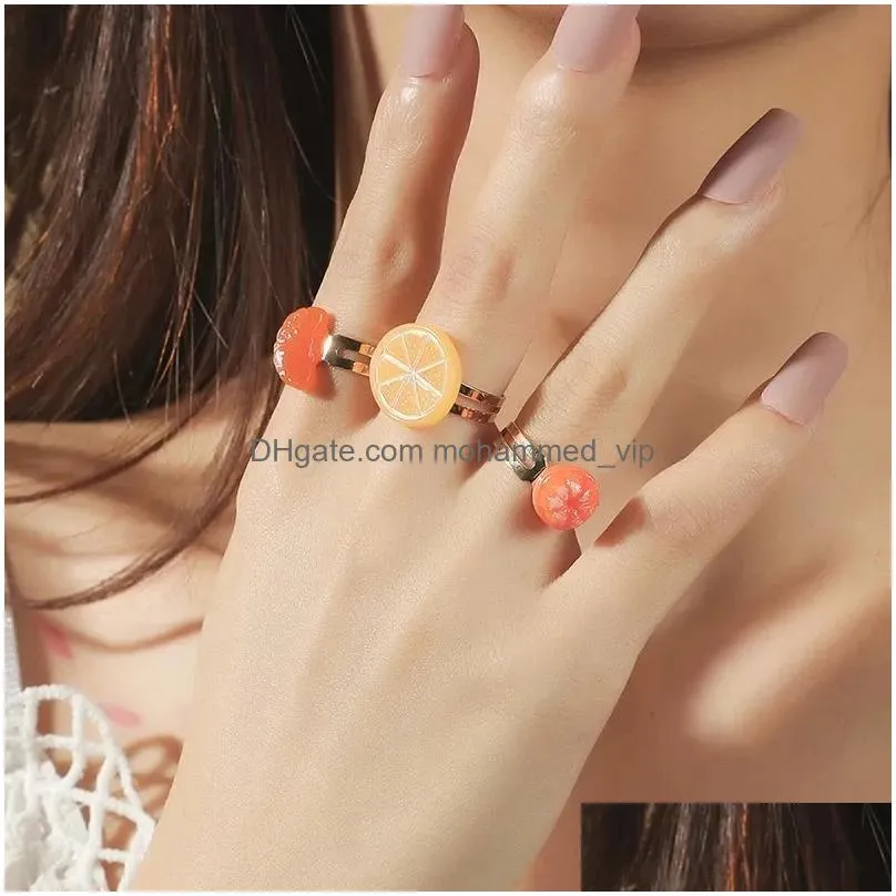 3 pcs/set cute fruit orange lemon plastic resin rings for women girls gifts gold color metal adjustable opening ring jewelry