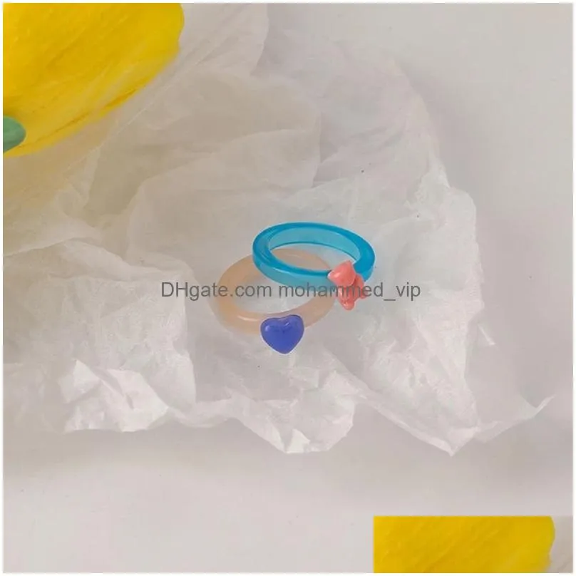 korean colourful transparent resin acrylic bear heart geometric round rings set for women jewelry travel gifts vintage ring