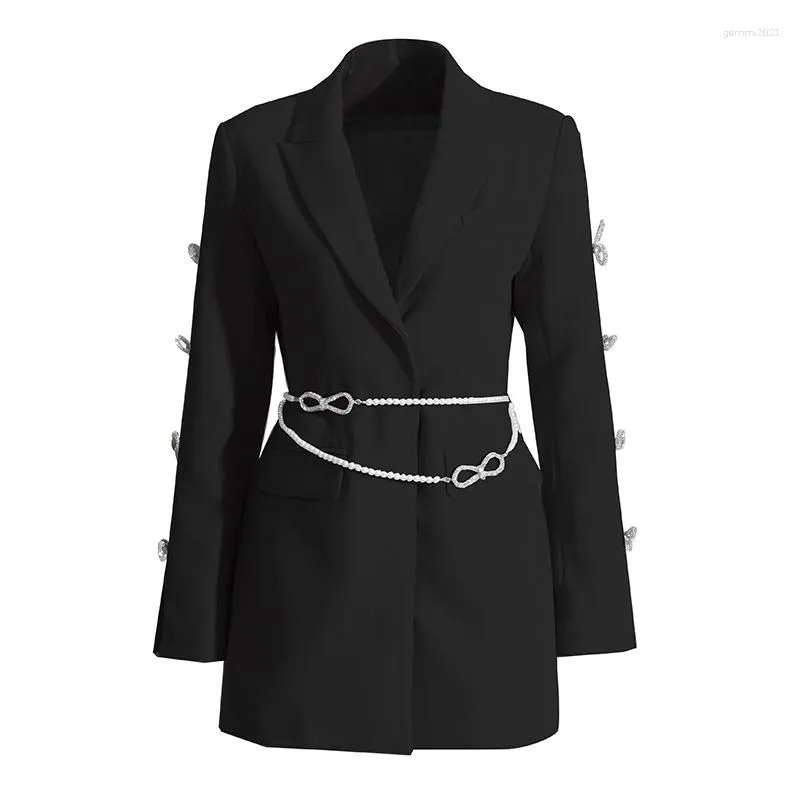 Women`s Suits Slim Diamonds Chain Blazers For Women Notched Collar Long Sleeve Hollow Out Solid Autumn Bow Pearls Office