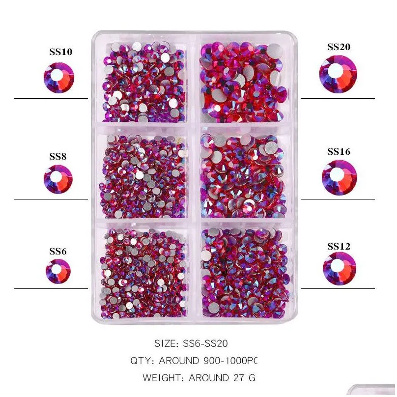 6Grids SS6-SS20 Crystal Nail Art Rhinestones Mixed Color Flat Bottom AB Porcelain White Champagne 3D Nails Decoration