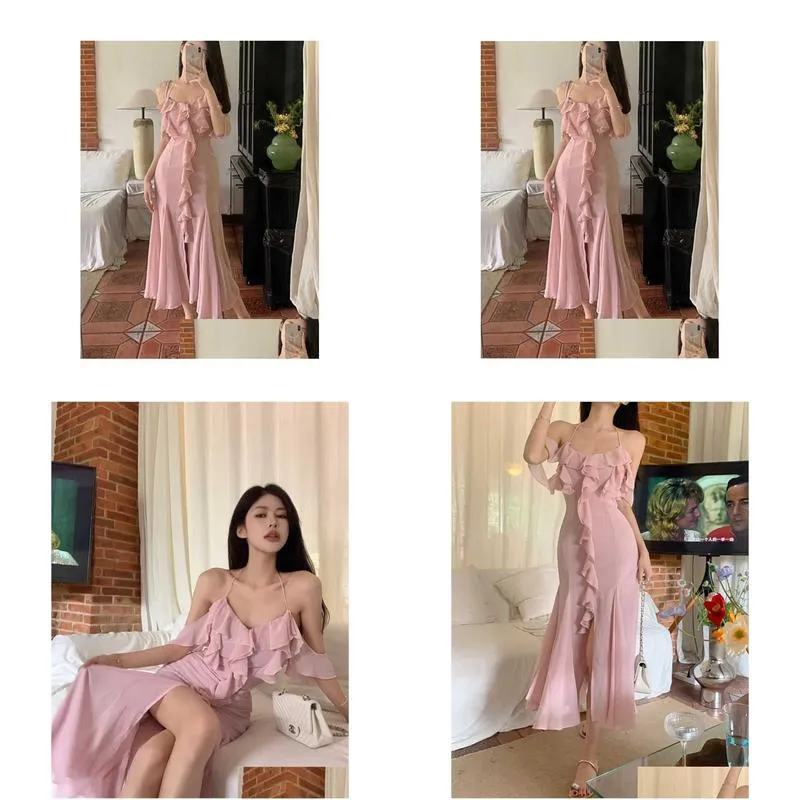 women sumemr pink chiffon ruffles off shoulder split long dress wedding prom dress robe elegante femme bridesmaid dresses