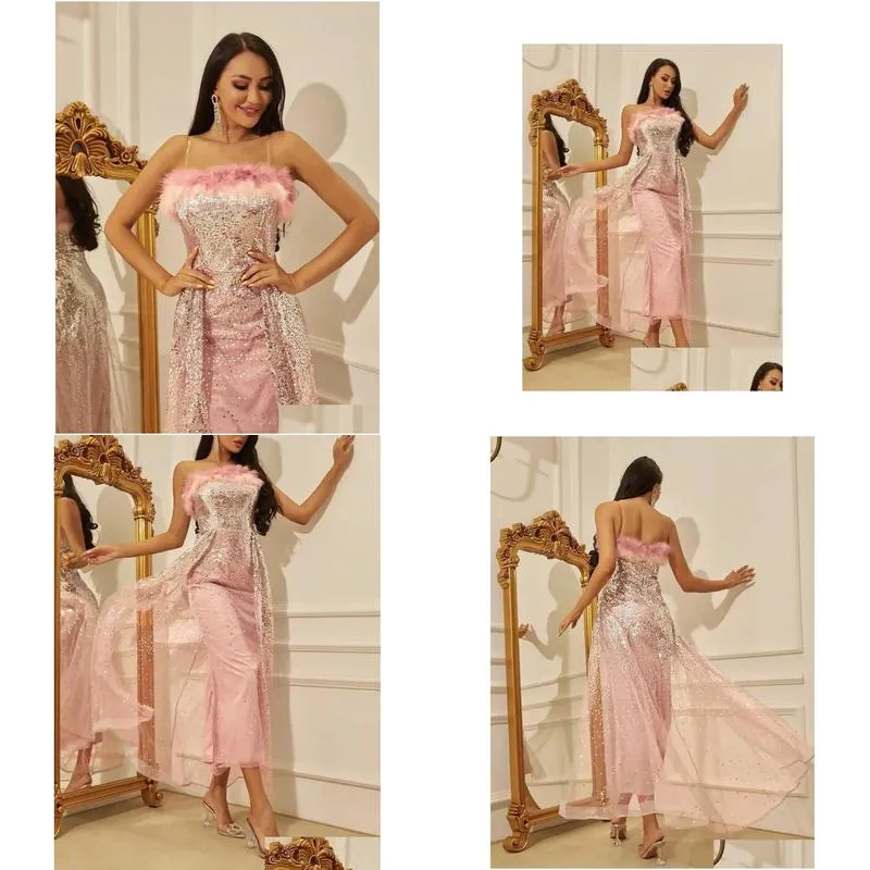 women`s new pink feather decoration sling sequin dress female summer party dresses 2022 fashion